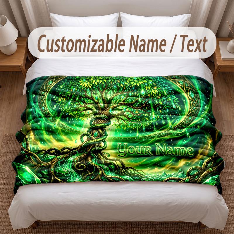 Pătură moale cu tematica Arborele Vieții Personalizată cu Numele Clientului Text Imprimat Pătură Caldă Decor pentru Casă Canapea Dormitor