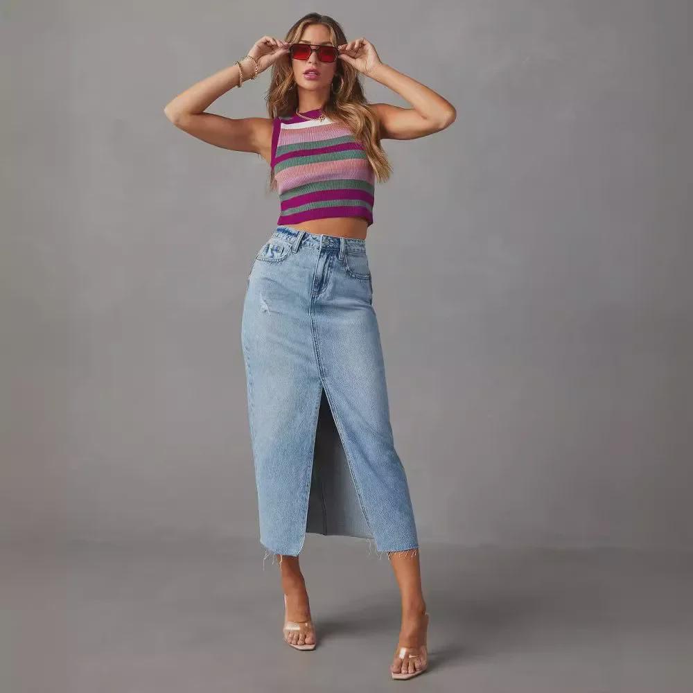 New Retro A-line Denim Skirt: Spring/Summer Wash, American Style, Mid-Length Waist