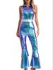 Mono de Mujer de Cuero Sintético con Bloques de Color, Ropa de Club Elástica Estilo Disco