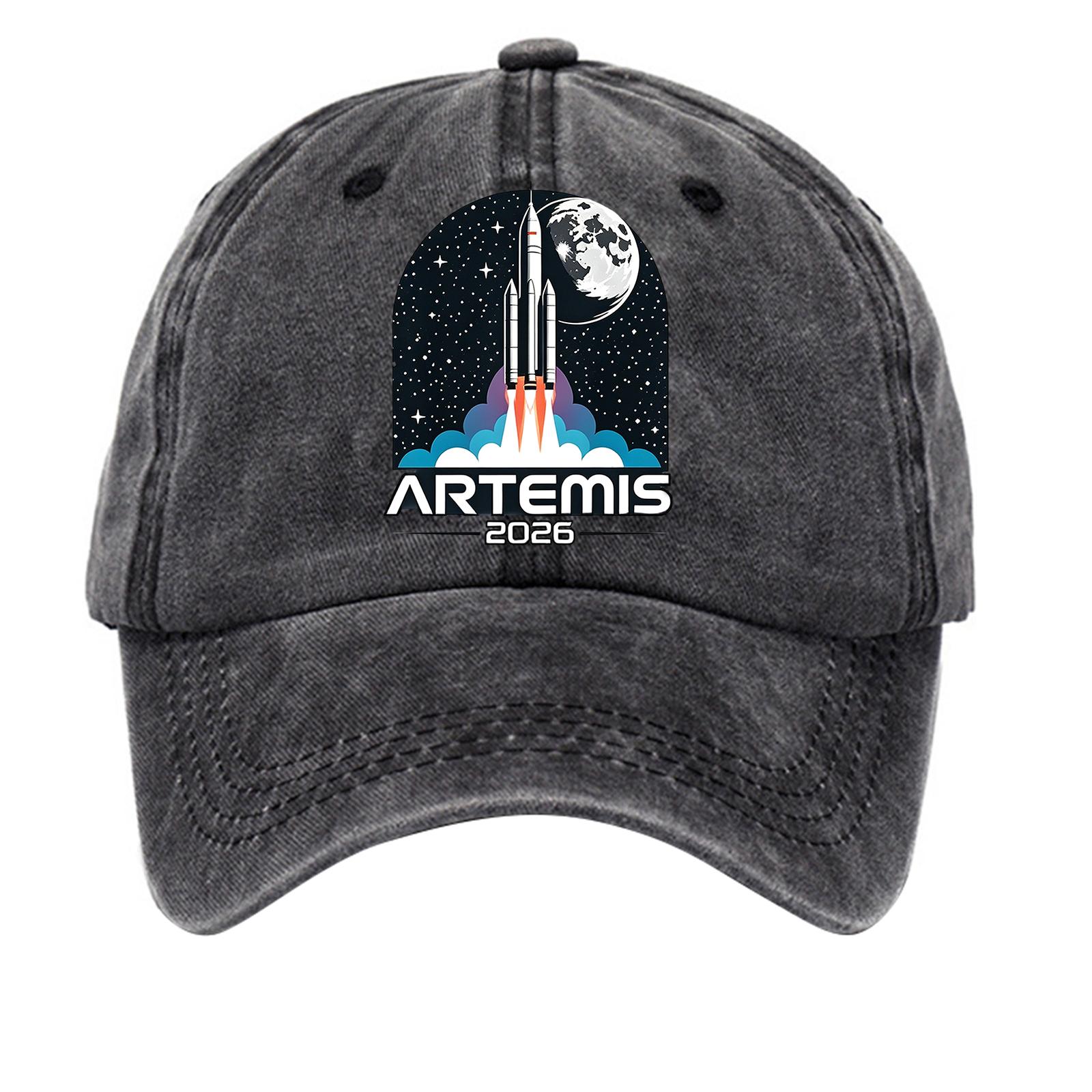 

Washed Cotton Soft Top Baseball Cap Vintage Style Denim Hat with Printed Rocket and Moon Graphic Adjustable Back Strap One Size чорний