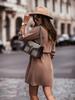 Autumn/Winter Solid Color Waist-Tie Button Roll-Up Sleeve Dress