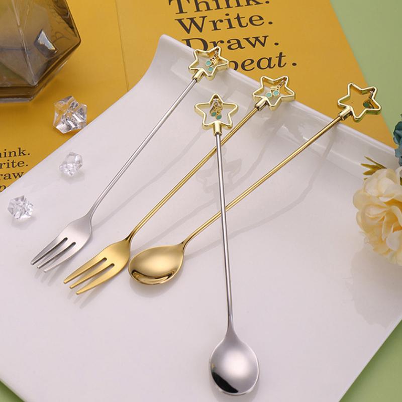 Handle Spoon Five-Pointed Star Gold-Plated Dessert Coffee Tea Long Handle Kitchen Supplies Mixing Spoon Set Heart-Shaped Pendant