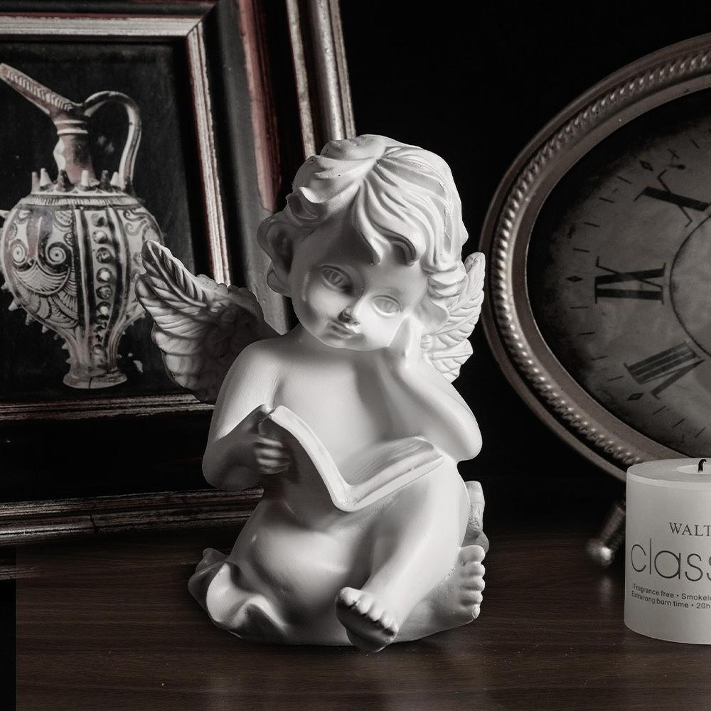 Hand-Painted Reading Angel Resin Statue - Vintage Book Decor, Home Altar Figurine, Collectible Gift, Photography Prop