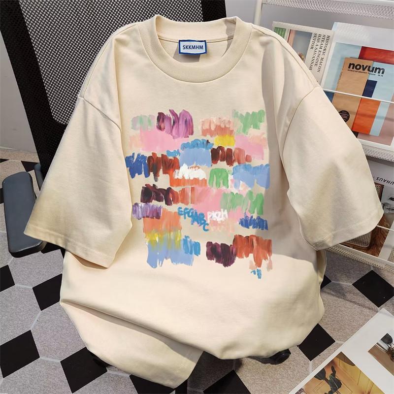 Pure Cotton Harbor Wind Color Graffiti Print Short Sleeve TShirt Couple Casual Summer Ins Loose Top Unisex And Unisex