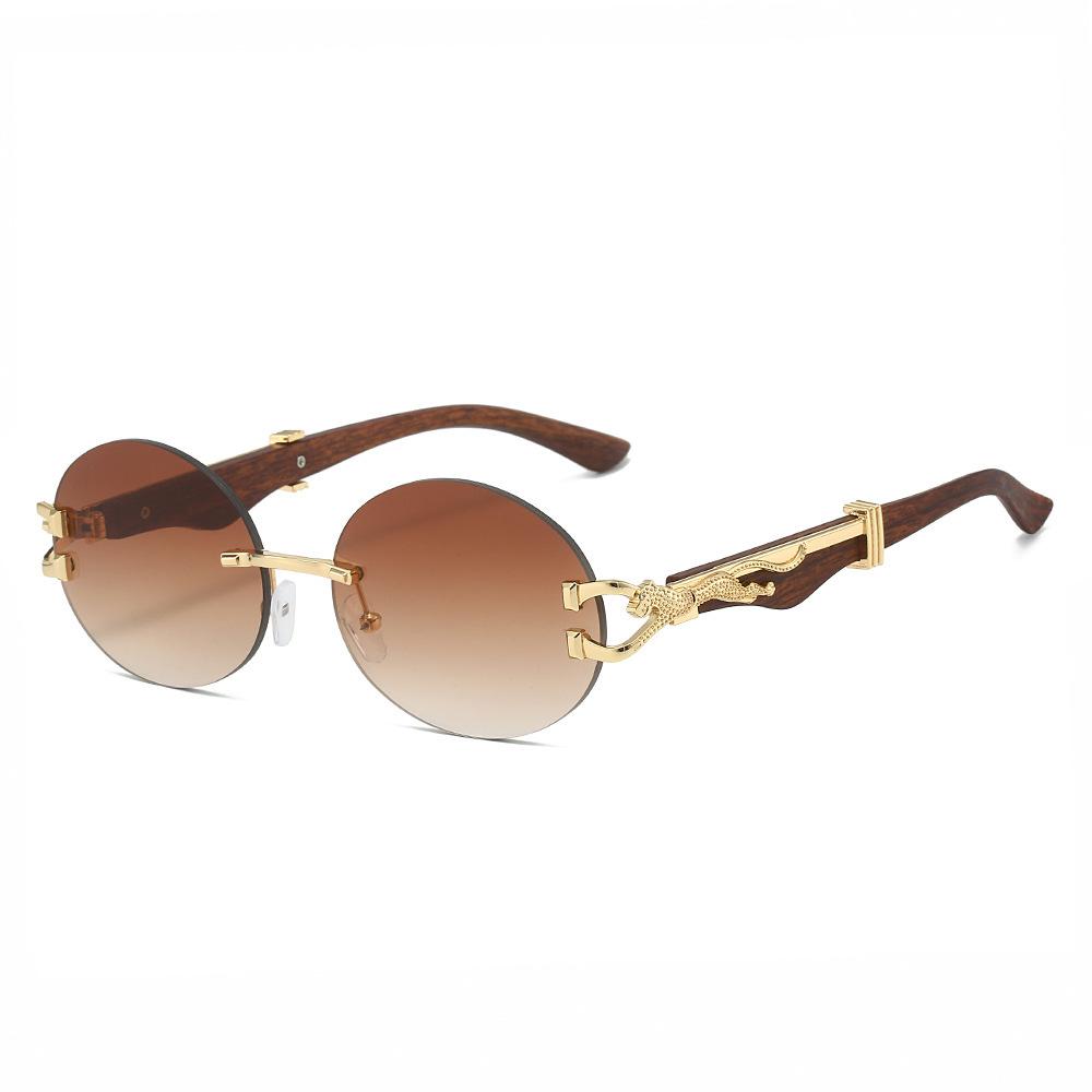 Leopard Round Frameless Trimmed Wooden Foot Sunglasses Sunglasses Sunglasses