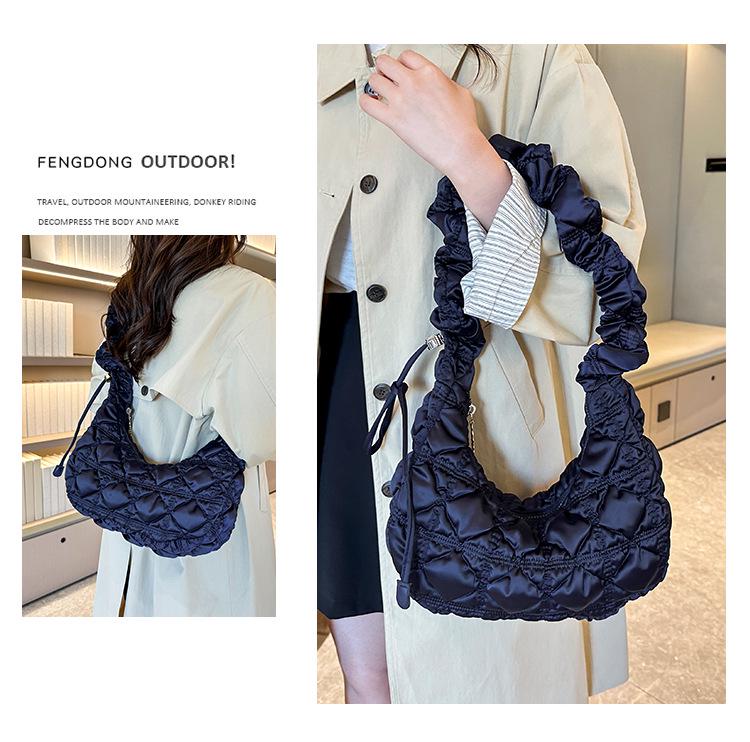 2025 Satin Pleated Dumpling Bag - Large Capacity, Diamond Embroidery, Elegant Shoulder Bag for Commuting & Outings