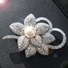 Silver Tone Double Flower Brooch Pin with Big Beads & Rhinestones, Women's Elegant Chest Decorative Button for Jacket Coat Suit
