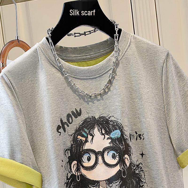 Women's Commuter Cartoon Sequin Round Neck Short Sleeve T-Shirt