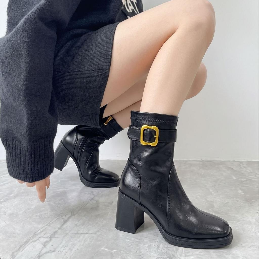 Autumn and winter temperament thick heel fashion boots women's square head waterproof table metal buckle soft leather side zipper commuter