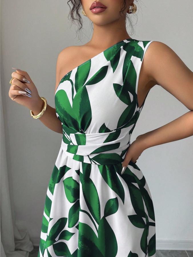 Elegant Tropical Print One-Shoulder Slit Dress - Perfect for Resort Style
