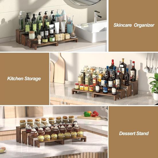 4Pcs/Set Wooden Tiered Riser Display Stand 4-Tie Perfume Organizer Stand Rustic Dessert Spice Figure Display Rack Riser Shelf Decoration