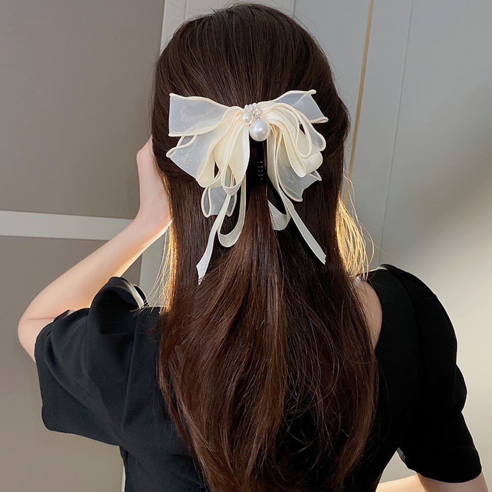

Bow Hair Claw For Girls Women Banana Clip Ribbon Vertical Clip Korean Hairpins Ponytail Holder black