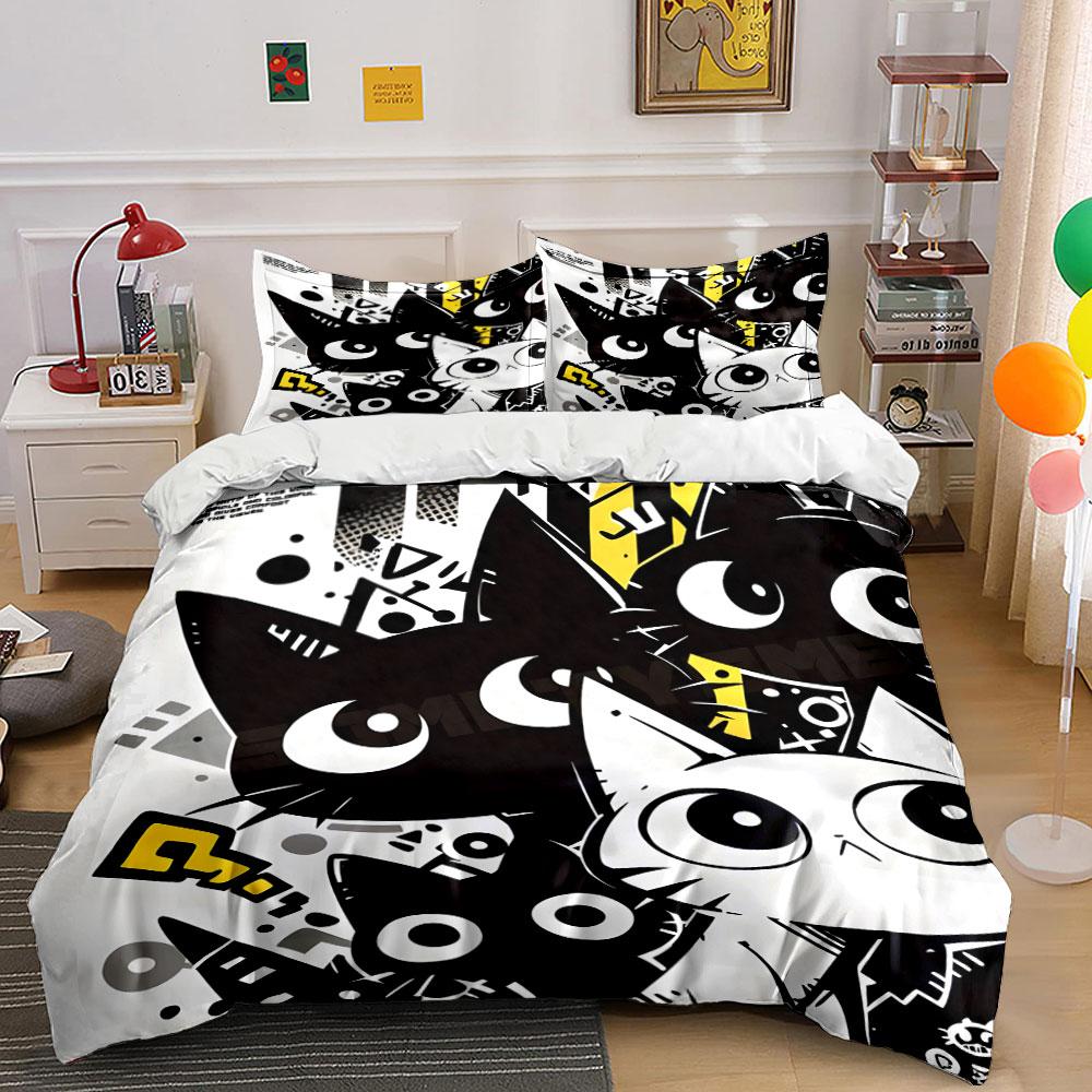 Cartoon cats with geometric patterns Print Bedding Set 1Duvet Cover 2Pillowcases for Adult and Children Luxury Gift Full Size