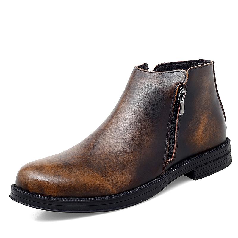 Leather Chelsea Boots Men Shoes Warm Shoes Zipper Cowhide Leather Booties Mens Ankle Boots Fashion Ankle Boots Vintage Brogue