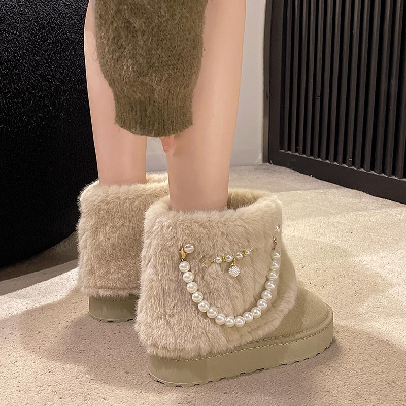 Fashion Platform Heightened Fleece Warm Snow Boots for Women Winter New Round Toe Fuzzy Booties Thickened Beaded Cotton Shoes