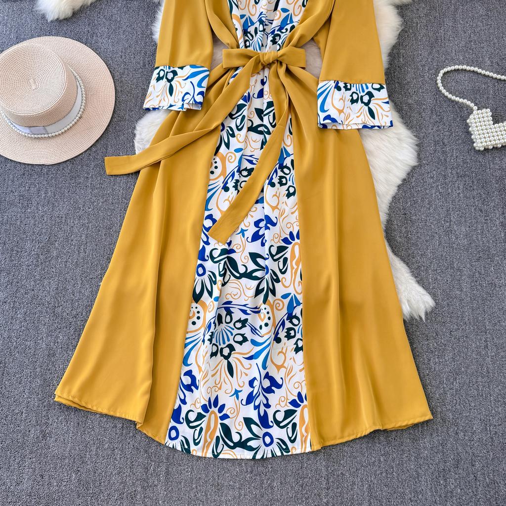 Podzimní Vintage Dámské Tištěné Patchworkové Dlouhé Šaty Elegantní O-Výstřih Vysoký Pas A-Linie Ležérní Maxi Šaty Dámské Sváteční Šaty