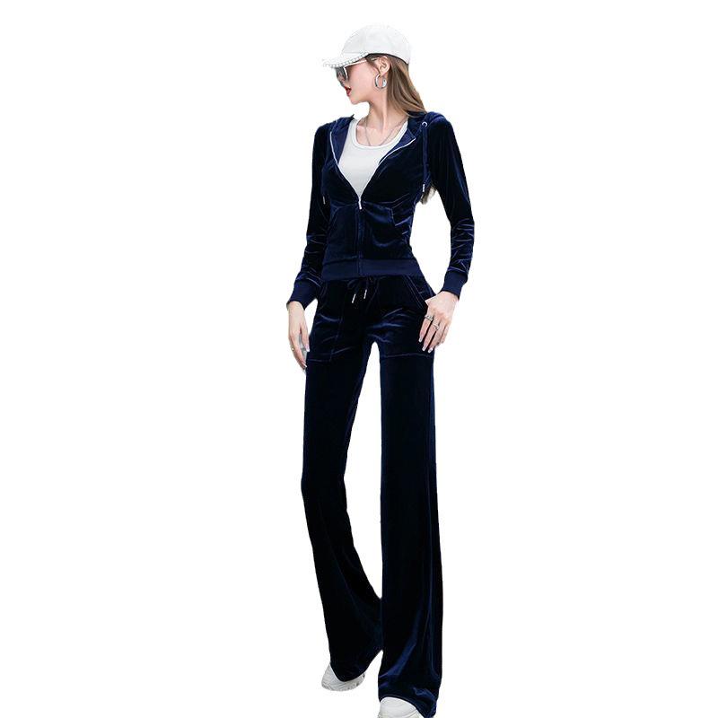 Women's Gold Velvet Hooded Sweatshirt and Straight Pants Two-Piece Sports Suit for Spring and Autumn