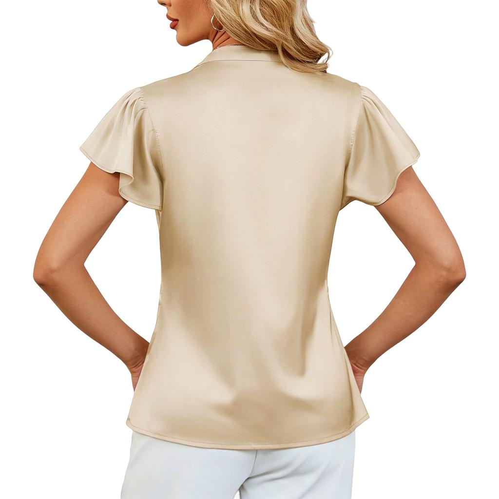 New Women's Fashion V-neck Chiffon Blouse With Pleated Loose Short Sleeves