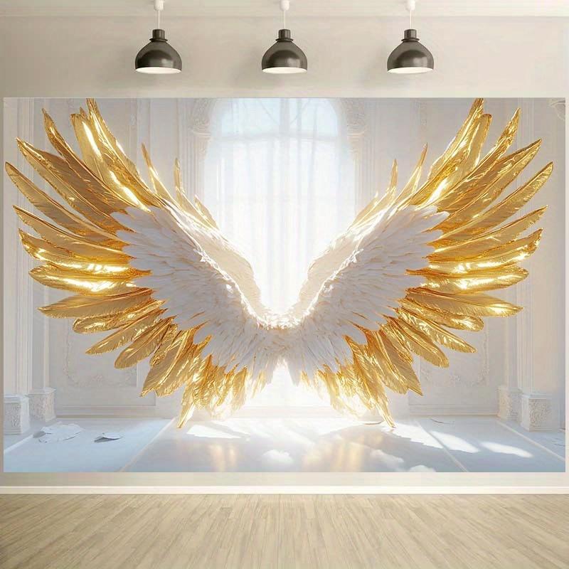 1 luxuriöser gold-weißer Engelsflügel Fotografie Hintergrundtuch - Geburtstag, Hochzeit - strapazierfähiges Polyester