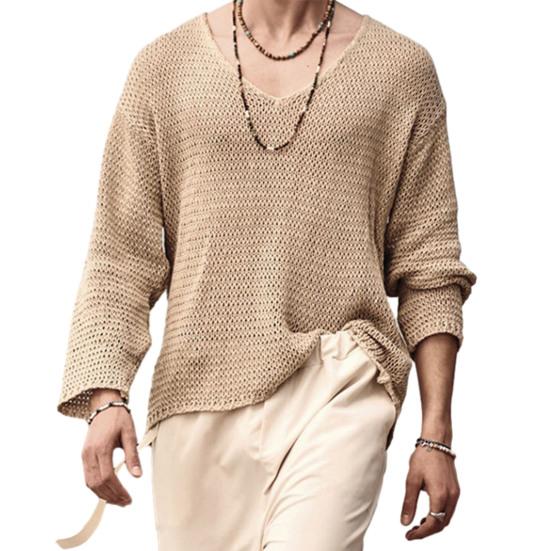 Spring Autumn Men Pullover Sweater V-Neck Long Sleeve Solid Color Knitted Tops Hollow