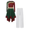 Girls Worship Dance Outfit Long Sleeve Printed Patchwork Irregular Hem Dress with Wide Leg Pants