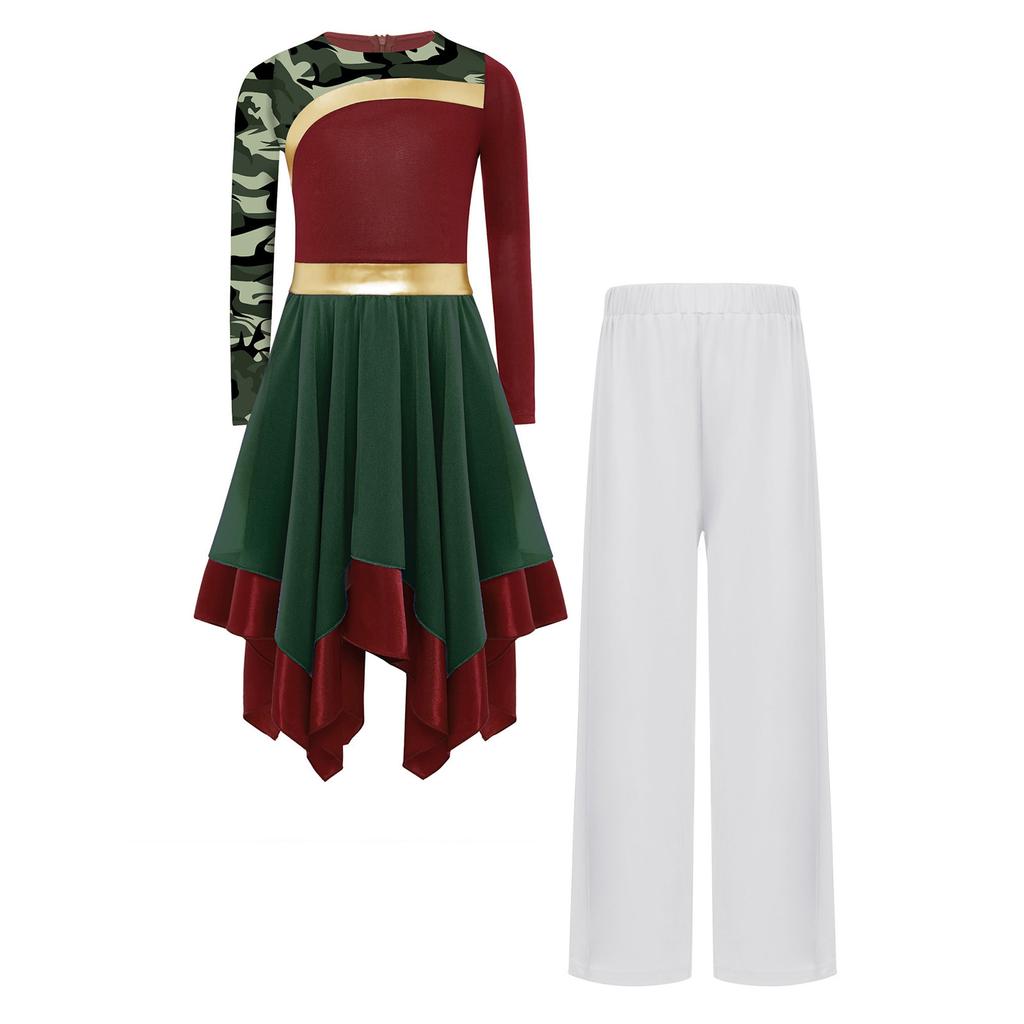 Girls Worship Dance Outfit Long Sleeve Printed Patchwork Irregular Hem Dress with Wide Leg Pants