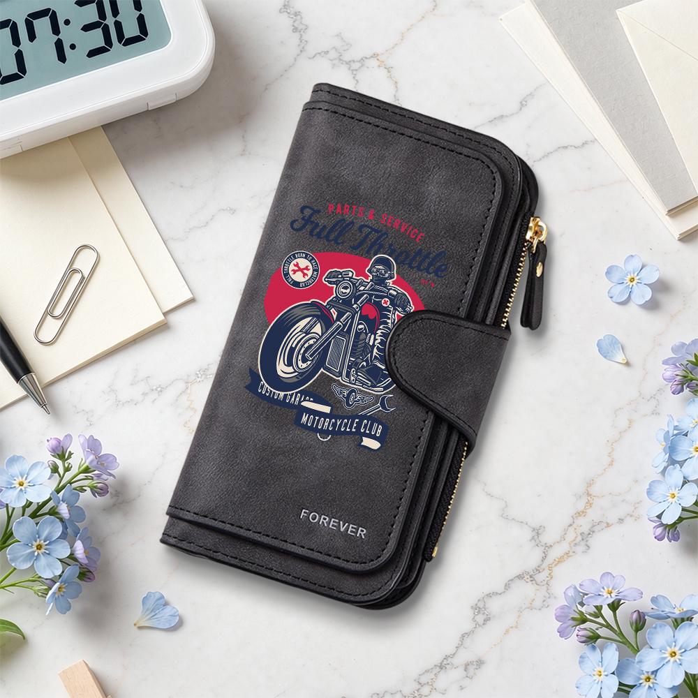 Vintage Motorcycle Print Long Wallet Multi Slot Card Holder Slim Purse for Mens Biker Daily Use