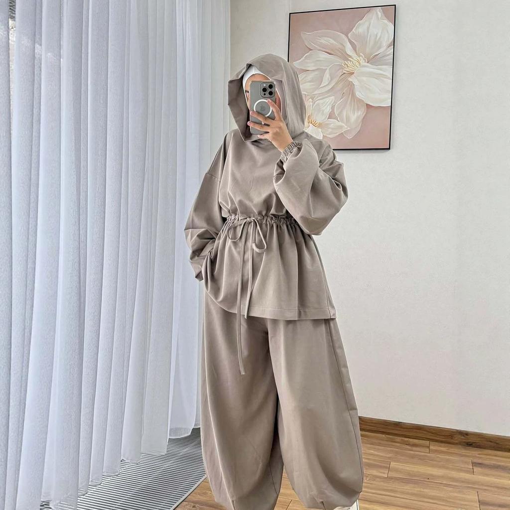 European and American Cross-border Amazon Independent Station  Spring and Autumn New Long-sleeved Hooded Lace-up Top Tied Feet Trousers Set