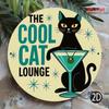 Cool Cat Lounge 2D Metal Sign, Black Cat Wall Art Martini Glass 7.8 Inch Round Iron Decor for Home Office Bar