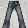 Mens Slim Fit Distressed Denim Jeans With Embroidered Patch Vintage Ink Wash Stretch Cotton Streetwear Style