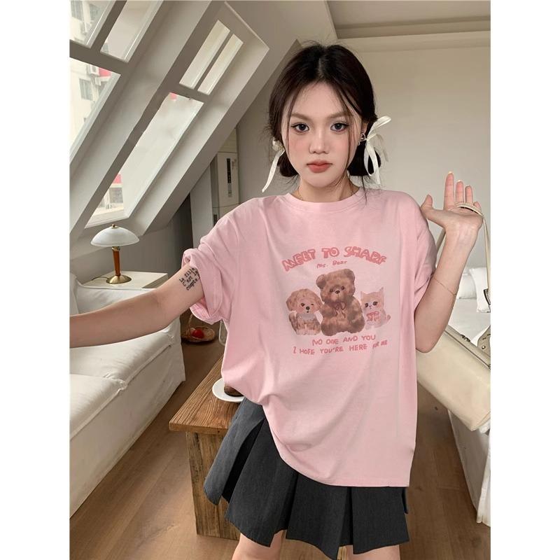 

летние женские забавные футболки с рисунком из мультфильмов, harajuku, с круглым вырезом, свободные, повседневные, для девушек, футболки с рисунком, розовая уличная одежда XXL