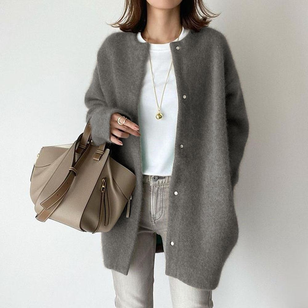 Damen Strick-Cardigan mit langen Ärmeln, Rundhalsausschnitt, gerader lockerer Midi-Pullover-Mantel, einfarbig, einreihig, Freizeit-Oberbekleidung, Herbst Streetwear Jacke M white