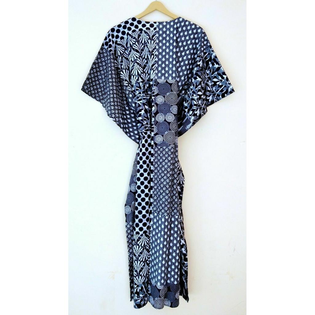 Indisches Schwarzes Langes Indigo-Print Baumwoll-Übergröße Maxi Damen Cover-up Kaftan Kleid CKFTN-SCRN-FULL-BUYIT-063