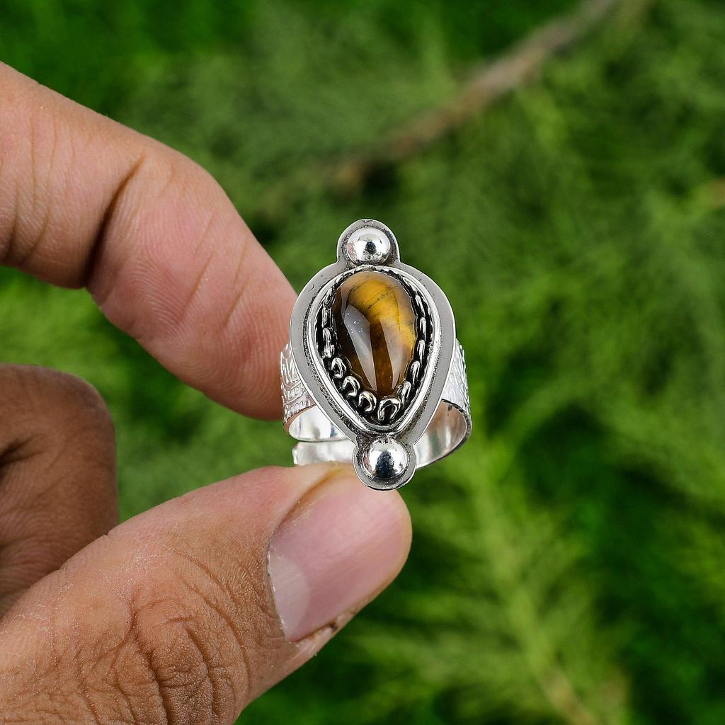 Natural Tigers Eye Statement Multi Stone Birthday Wedding Ring Sterling Silver