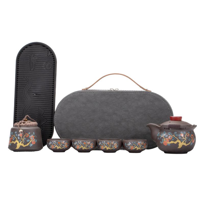 

Purple sand hand-held pot, persimmon Ruyi travel tea set, one pot and four cups of tea cans, dry tea trays, business gifts