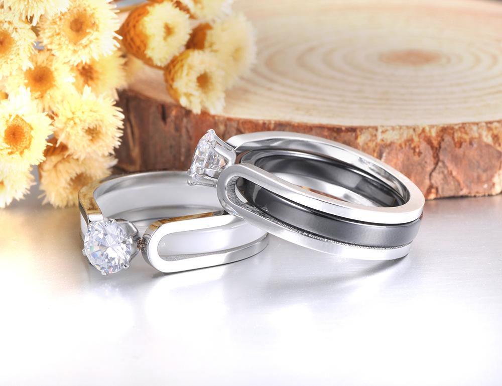 JeeMango 2 In 1 Black/White Ceramic Crystal Wedding Ring Jewelry For Women AAA Cubic Zirconia Stainless Steel Engagement R18071