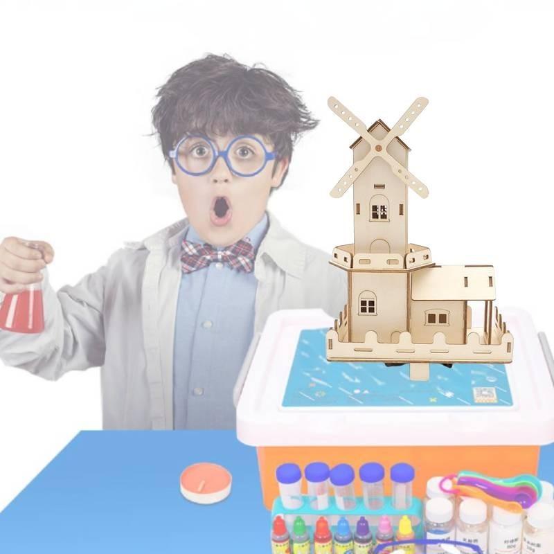 Children's Wooden Diy Dutch Windmill Science Toy Electric Light House Educational Model