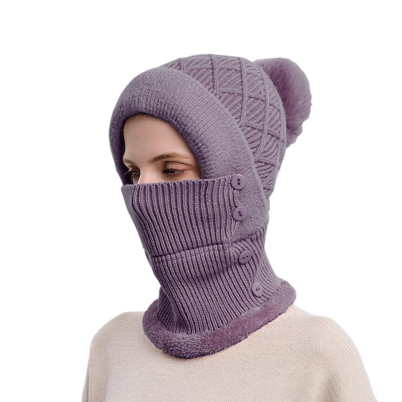 Hat and scarf integrated women's autumn and winter warm knitted hat cycling fleece pullover hat windproof ear protection wool hat