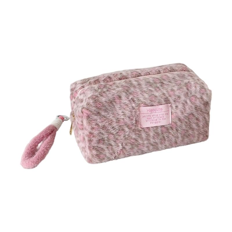 Soft Faux Hair Handheld Makeup Storage Pouch Large Capacity Leopard Pattern Cosmetic Case For Gym Skincare Products