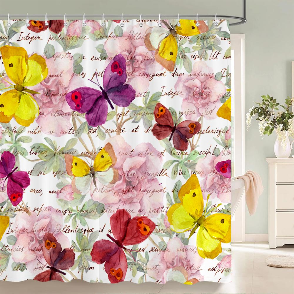 Beautiful Big Pink Flowers Printing Shower Curtain Polyester Waterproof Bathroom Curtain With Hook Door Curtain Home Decoration
