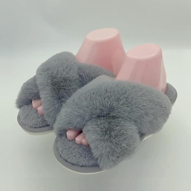 Fashion Smile Indoor Women's Slippers Plush Lining Women's Slippers Fur Cross-strap Ladies Home Slides Cotton Thick Bottom Fuzzy Warm