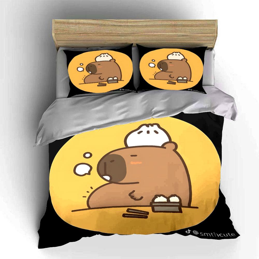Kawaii Capybara With Steamed Buns Cute Prints Bedding Set Exquisite Three-Piece Bedding Set Gift For Kids And Adults