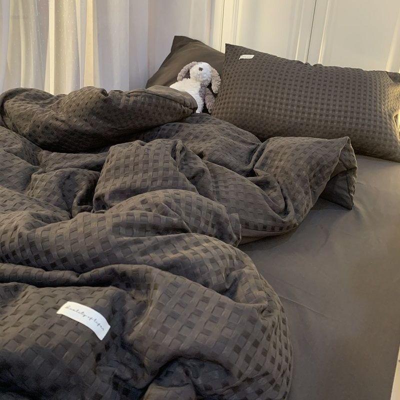 Bedding Set Luxury High Grade Light Washable Cotton Waffle Four Piece Olive Green Quilt Cover Bed Sheet Dormitory Three Piece