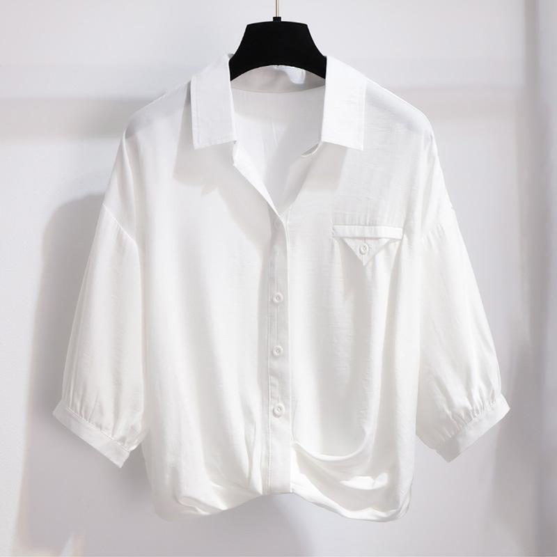 

Белая рубашка из ледяного шелка с рукавом пять точек для женщин Летом Новая Шикарная рубашка с нерегулярными складками, подчеркивающая темперамент XXL белый