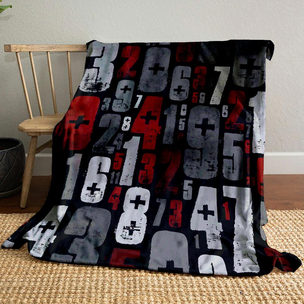 Bold Numbers and Plus Signs In Red, White, and Gray On a Black Background. for All Seasons Blanket Lunch Break Throw Gift
