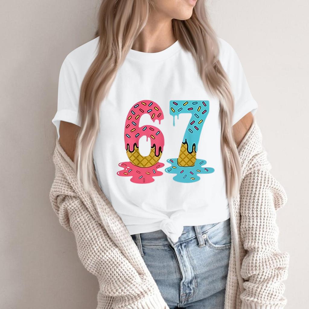 Women's Fashionable Casual Short Sleeved Printed T-Shirt Round Neck Top