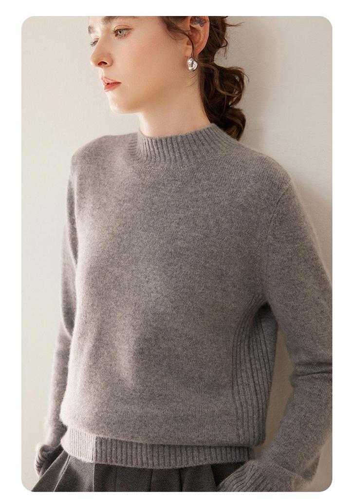 2024 Autumn/Winter Korean Style Women's Cashmere Knit Pullover with Half-High Collar