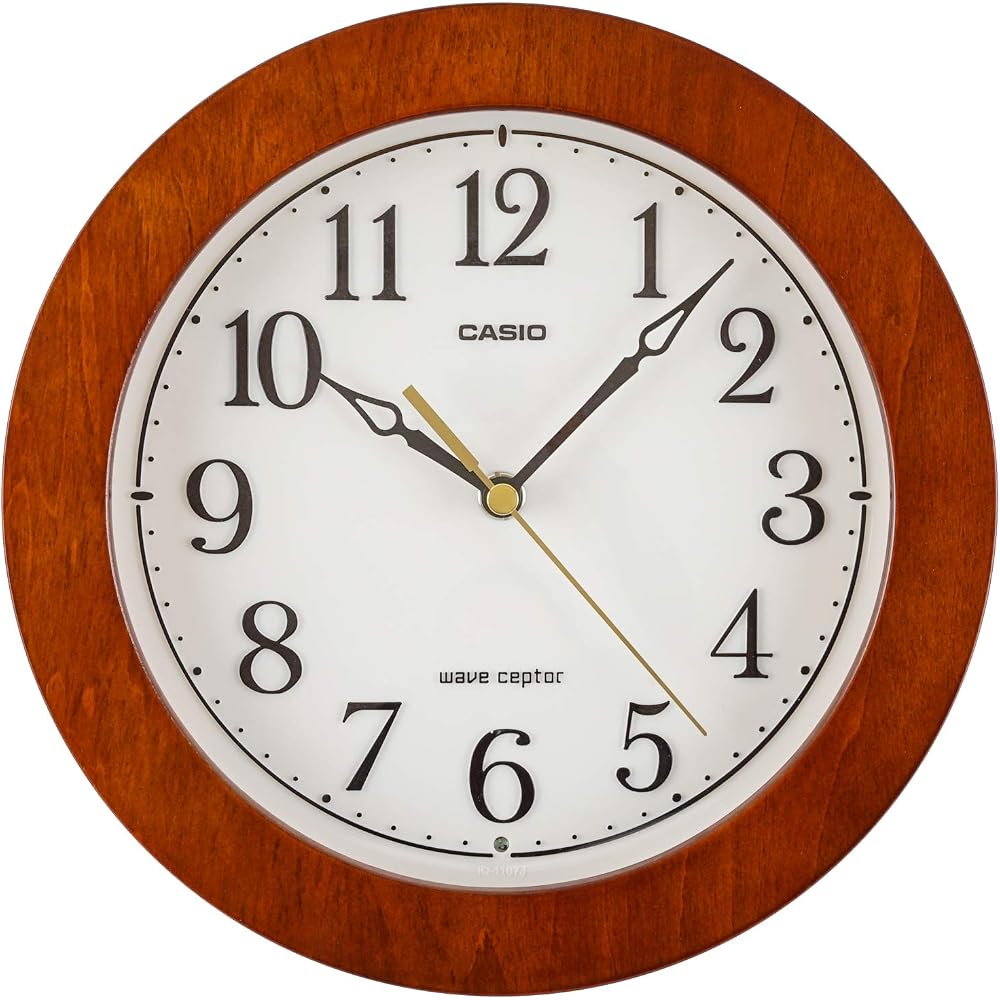 CASIO Wall Clock, Radio Controlled, Brown, 23.5cm Diameter, Analog, Wooden Frame, Nighttime Second Hand Stop Function, IQ-1107J-5JF