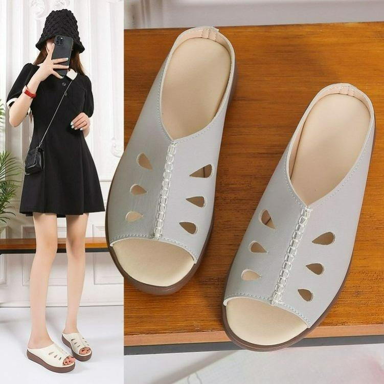 Summer Soft Leather Mother Sandals and Slippers, One-step Mid-heel, Outer Wear, Ladies Slippers, Thick-soled Slope-heeled Beach Slippers