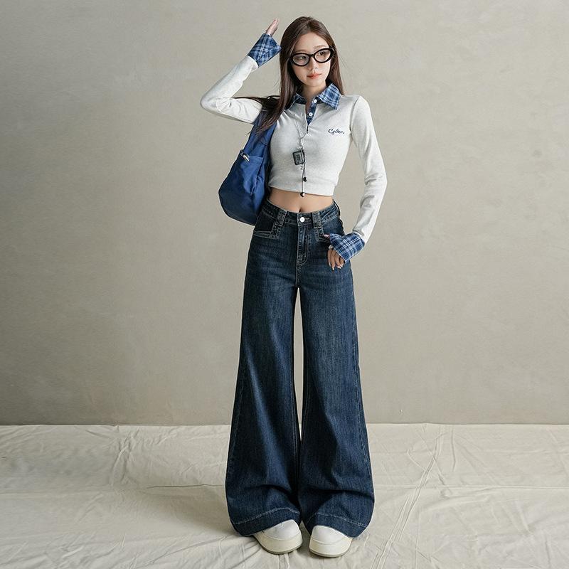 Spring New Retro American Jeans Women's High Waist Loose Drape Elastic and Thin Floor-mopping Wide-leg Pants Tide